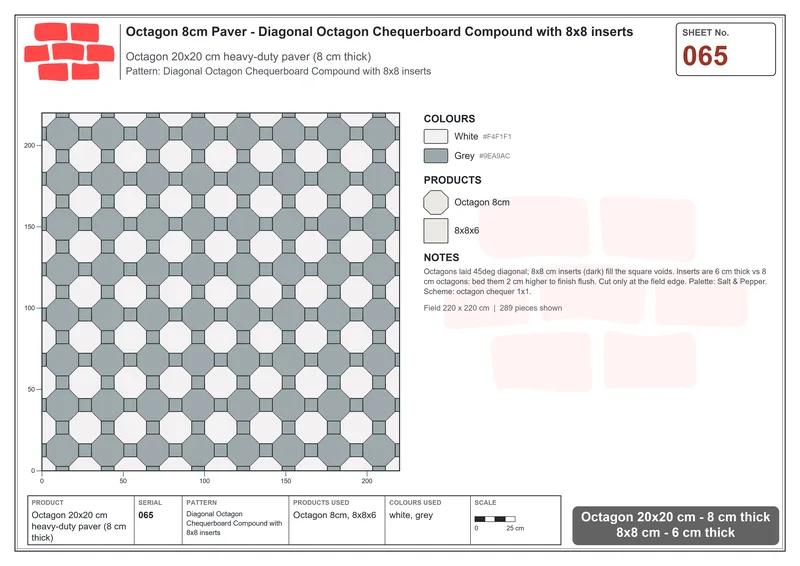 इंटरलॉक (पास्को) 20x20 सेमी · OCT8-065 · तिरछा अष्टभुज Chequerboard Compound के साथ 8x8 इन्सर्ट · बिछाने का नक्शा
