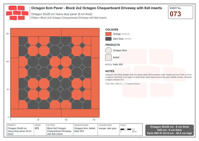 इंटरलॉक (पास्को) 20x20 सेमी · OCT8-073 · ब्लॉक 2x2 अष्टभुज Chequerboard ड्राइववे के साथ 8x8 इन्सर्ट · बिछाने का नक्शा