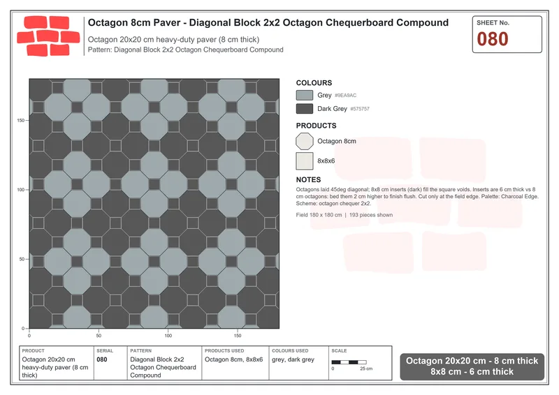 इंटरलॉक (पास्को) 20x20 सेमी · OCT8-080 · तिरछा ब्लॉक 2x2 अष्टभुज Chequerboard Compound · बिछाने का नक्शा