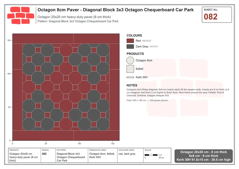 इंटरलॉक (पास्को) 20x20 सेमी · OCT8-082 · तिरछा ब्लॉक 3x3 अष्टभुज Chequerboard Car Park · बिछाने का नक्शा