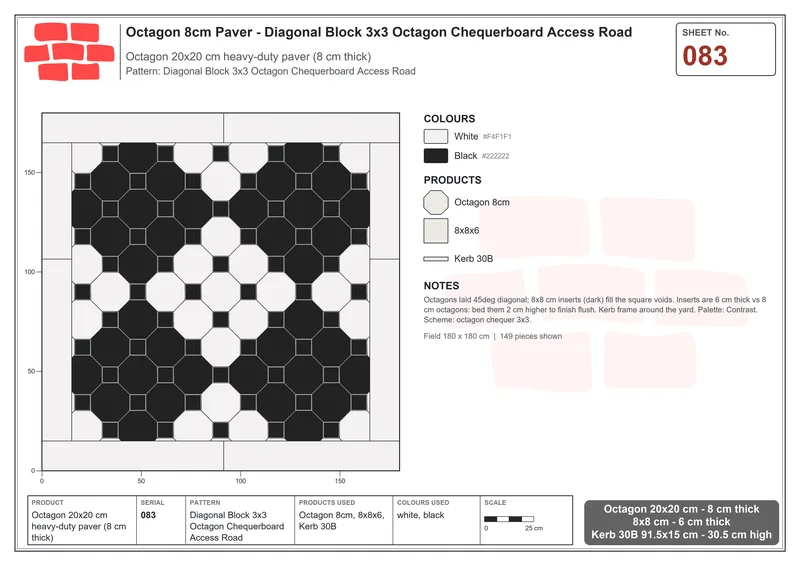 इंटरलॉक (पास्को) 20x20 सेमी · OCT8-083 · तिरछा ब्लॉक 3x3 अष्टभुज Chequerboard Access Road · बिछाने का नक्शा
