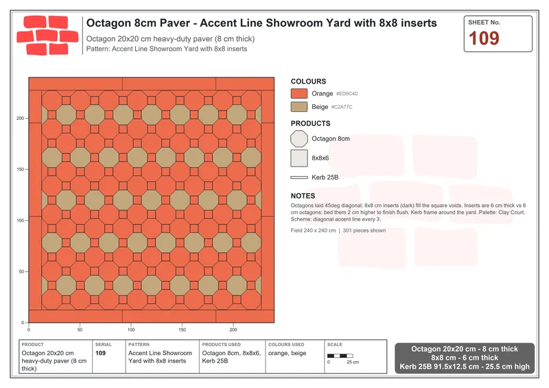 इंटरलॉक (पास्को) 20x20 सेमी · OCT8-109 · एक्सेंट रेखा Showroom Yard के साथ 8x8 इन्सर्ट · बिछाने का नक्शा