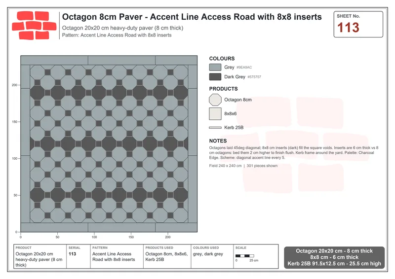انترلوك (باسكو) 20x20 سم · OCT8-113 · لمسة مميزة خط Access Road مع 8x8 إدراجات · مخطط التركيب انترلوك (باسكو) 20x20 سم · OCT8-113 · لمسة مميزة خط Access Road مع 8x8 إدراجات · مخطط التركيب