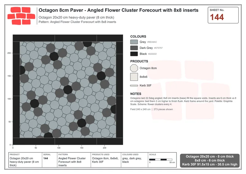 इंटरलॉक (पास्को) 20x20 सेमी · OCT8-144 · Angled Flower Cluster Forecourt के साथ 8x8 इन्सर्ट · बिछाने का नक्शा