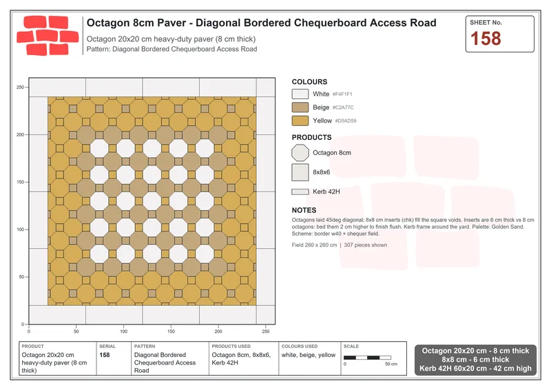 इंटरलॉक (पास्को) 20x20 सेमी · OCT8-158 · तिरछा बॉर्डर वाला Chequerboard Access Road · बिछाने का नक्शा