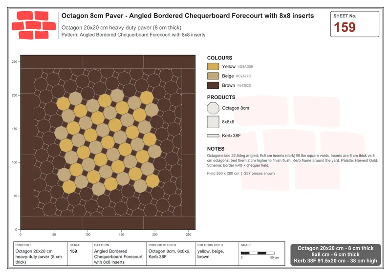 इंटरलॉक (पास्को) 20x20 सेमी · OCT8-159 · Angled बॉर्डर वाला Chequerboard Forecourt के साथ 8x8 इन्सर्ट · बिछाने का नक्शा