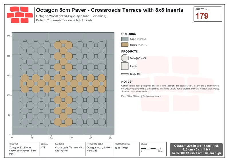 इंटरलॉक (पास्को) 20x20 सेमी · OCT8-179 · Crossroads Terrace के साथ 8x8 इन्सर्ट · बिछाने का नक्शा