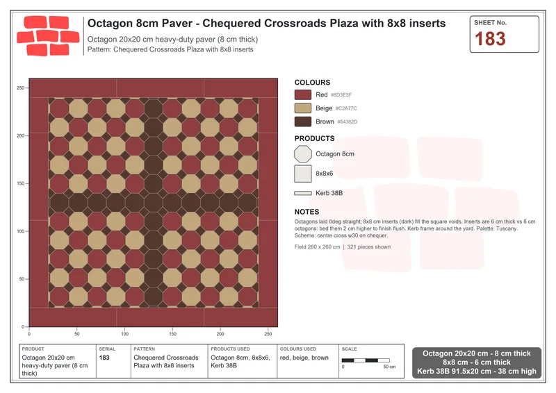 इंटरलॉक (पास्को) 20x20 सेमी · OCT8-183 · चेकर्ड Crossroads Plaza के साथ 8x8 इन्सर्ट · बिछाने का नक्शा
