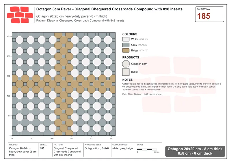इंटरलॉक (पास्को) 20x20 सेमी · OCT8-185 · तिरछा चेकर्ड Crossroads Compound के साथ 8x8 इन्सर्ट · बिछाने का नक्शा
