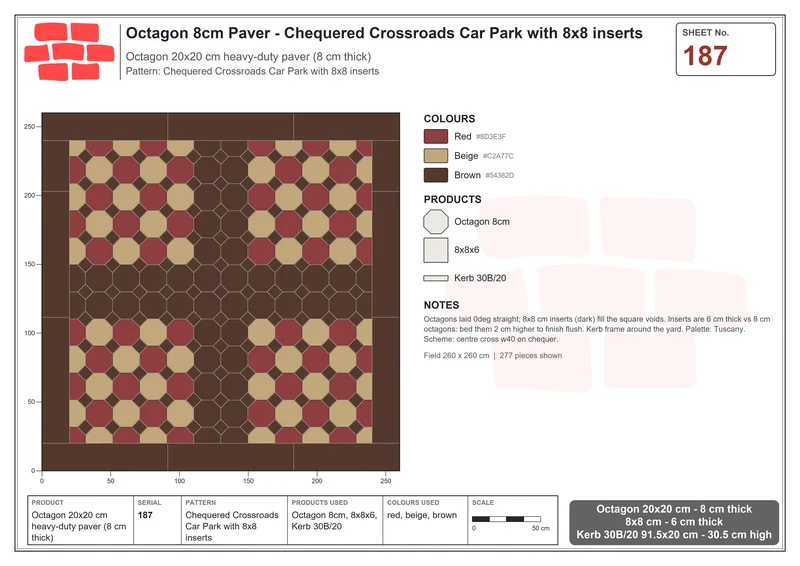 इंटरलॉक (पास्को) 20x20 सेमी · OCT8-187 · चेकर्ड Crossroads Car Park के साथ 8x8 इन्सर्ट · बिछाने का नक्शा