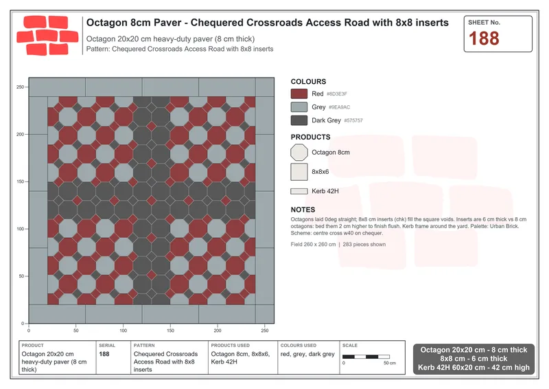 इंटरलॉक (पास्को) 20x20 सेमी · OCT8-188 · चेकर्ड Crossroads Access Road के साथ 8x8 इन्सर्ट · बिछाने का नक्शा