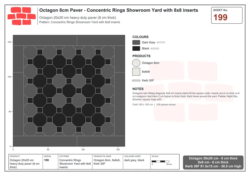 Interlock (Pasco) 20x20 cm · OCT8-199 · Concentric Rings Showroom Yard with 8x8 inserts · Laying plan