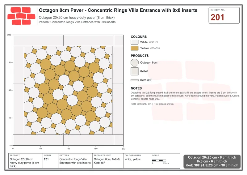 Interlock (Pasco) 20x20 cm · OCT8-201 · Concentric Rings Villa Entrance with 8x8 inserts · Laying plan