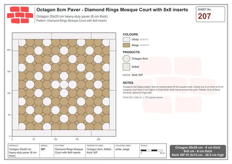 Interlock (Pasco) 20x20 cm · OCT8-207 · Diamond Rings Mosque Court with 8x8 inserts · Laying plan