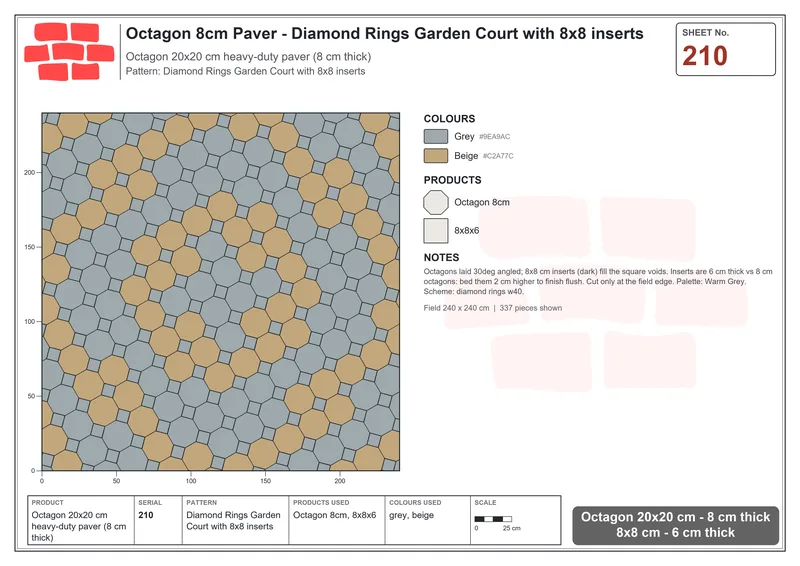 Interlock (Pasco) 20x20 cm · OCT8-210 · Diamond Rings Garden Court with 8x8 inserts · Laying plan