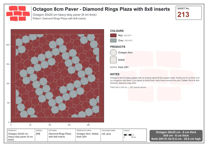 इंटरलॉक (पास्को) 20x20 सेमी · OCT8-213 · डायमंड रिंग Plaza के साथ 8x8 इन्सर्ट · बिछाने का नक्शा