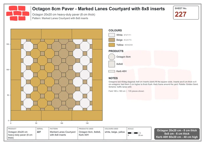 Interlock (Pasco) 20x20 cm · OCT8-227 · Marked Lanes Courtyard with 8x8 inserts · Laying plan