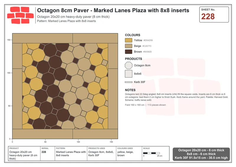 इंटरलॉक (पास्को) 20x20 सेमी · OCT8-228 · Marked Lanes Plaza के साथ 8x8 इन्सर्ट · बिछाने का नक्शा