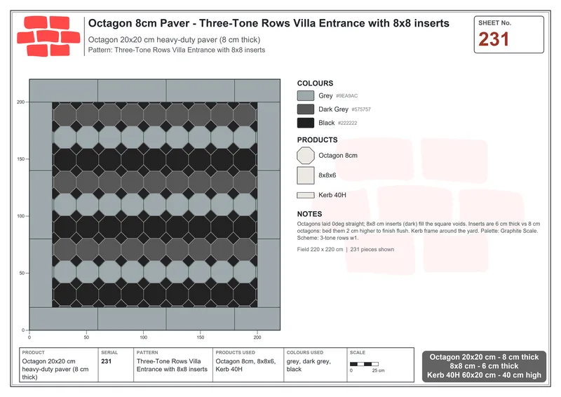 Interlock (Pasco) 20x20 cm · OCT8-231 · Three-Tone Rows Villa Entrance with 8x8 inserts · Laying plan