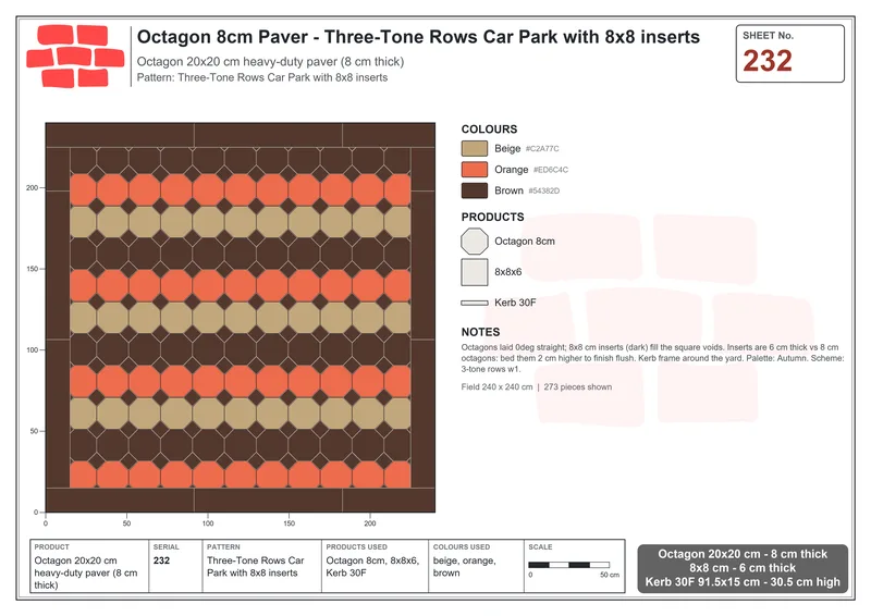 Interlock (Pasco) 20x20 cm · OCT8-232 · Three-Tone Rows Car Park with 8x8 inserts · Laying plan