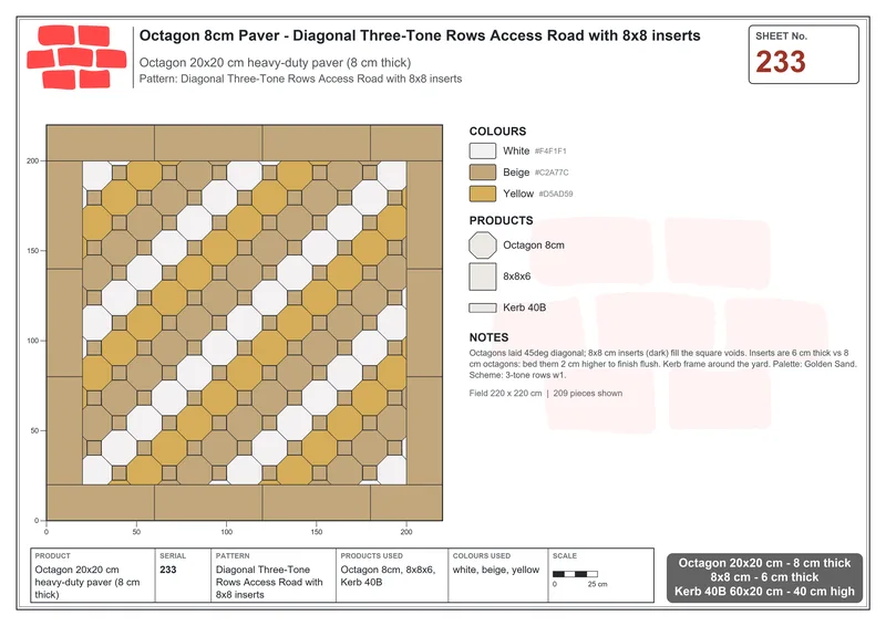 Interlock (Pasco) 20x20 cm · OCT8-233 · Diagonal Three-Tone Rows Access Road with 8x8 inserts · Laying plan