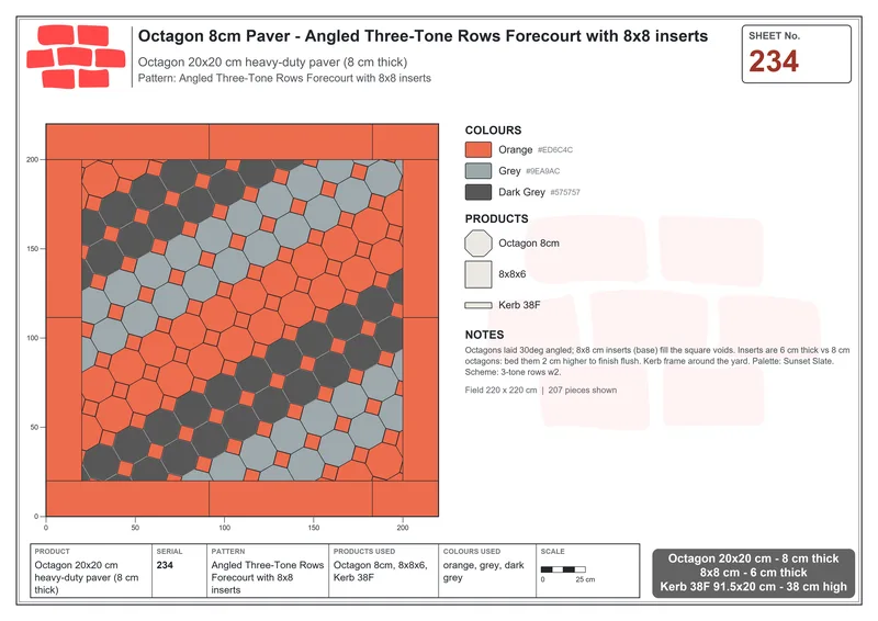 इंटरलॉक (पास्को) 20x20 सेमी · OCT8-234 · Angled Three-Tone पंक्तियाँ Forecourt के साथ 8x8 इन्सर्ट · बिछाने का नक्शा