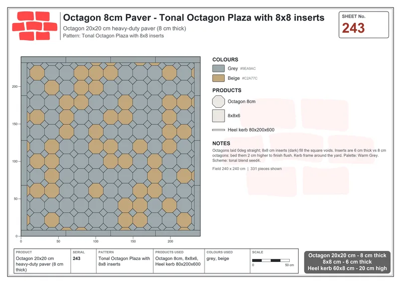 Interlock (Pasco) 20x20 cm · OCT8-243 · Tonal Octagon Plaza with 8x8 inserts · Laying plan