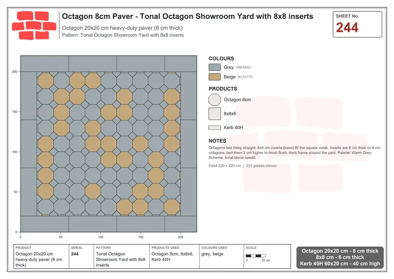 Interlock (Pasco) 20x20 cm · OCT8-244 · Tonal Octagon Showroom Yard with 8x8 inserts · Laying plan