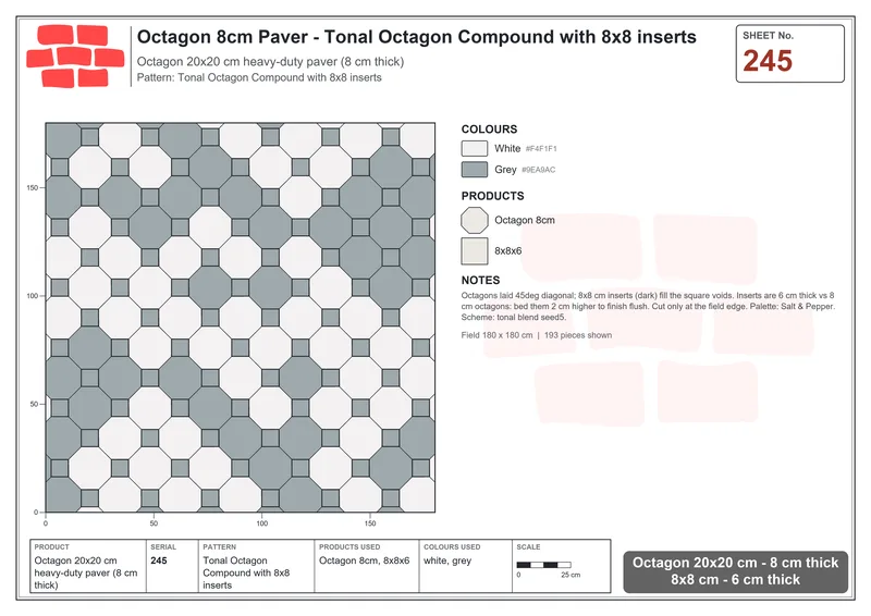 Interlock (Pasco) 20x20 cm · OCT8-245 · Tonal Octagon Compound with 8x8 inserts · Laying plan