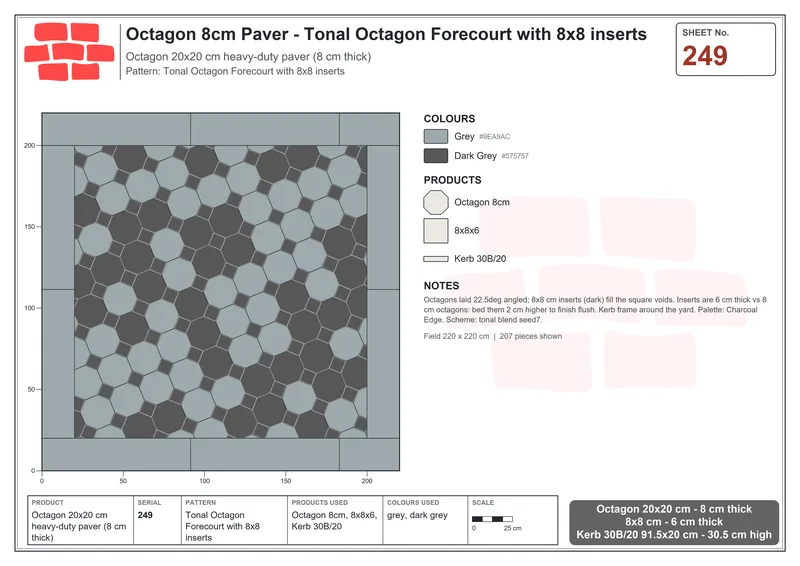 Interlock (Pasco) 20x20 cm · OCT8-249 · Tonal Octagon Forecourt with 8x8 inserts · Laying plan