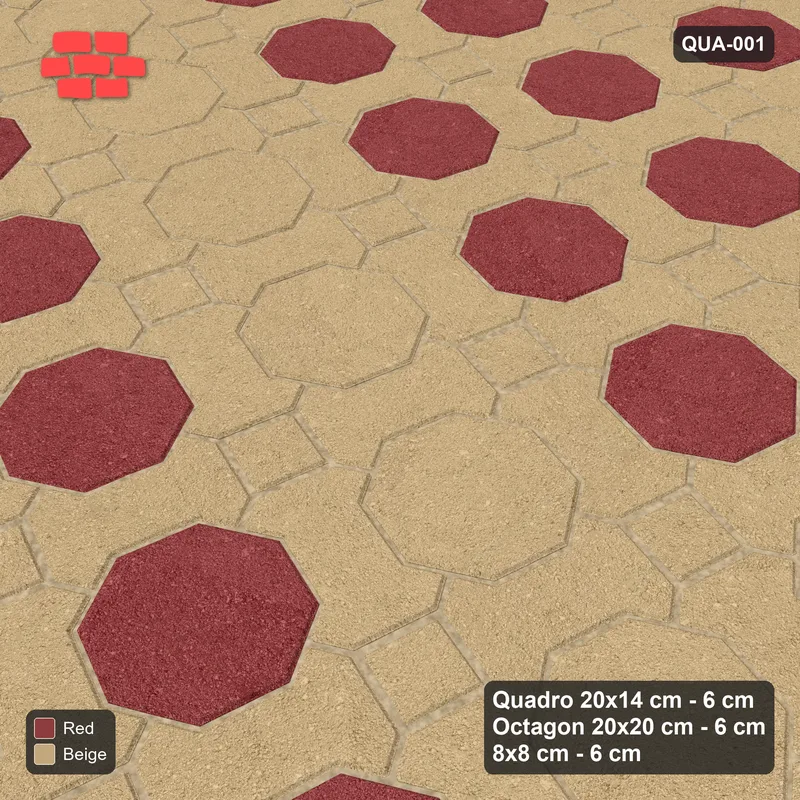 Interlock (Pasco) 20x14 cm · QUA-001 · Quadro-Octagon-8x8 grid, vertical octagon band, 75 deg (Terracotta), no kerb · Side view Interlock (Pasco) 20x14 cm · QUA-001 · Quadro-Octagon-8x8 grid, vertical octagon band, 75 deg (Terracotta), no kerb · Side view