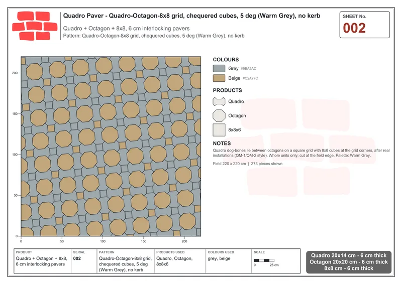 Interlock (Pasco) 20x14 cm · QUA-002 · Quadro-Octagon-8x8 grid, chequered cubes, 5 deg (Warm Grey), no kerb · Laying plan