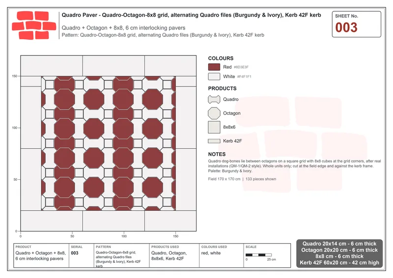 Interlock (Pasco) 20x14 cm · QUA-003 · Quadro-Octagon-8x8 grid, alternating Quadro files (Burgundy & Ivory), Kerb 42F kerb · Laying plan