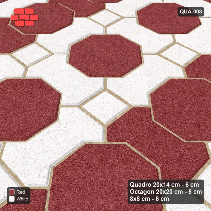 Interlock (Pasco) 20x14 cm · QUA-003 · Quadro-Octagon-8x8 grid, alternating Quadro files (Burgundy & Ivory), Kerb 42F kerb · Side view Interlock (Pasco) 20x14 cm · QUA-003 · Quadro-Octagon-8x8 grid, alternating Quadro files (Burgundy & Ivory), Kerb 42F kerb · Side view
