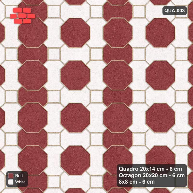 Interlock (Pasco) 20x14 cm · QUA-003 · Quadro-Octagon-8x8 grid, alternating Quadro files (Burgundy & Ivory), Kerb 42F kerb · Top view Interlock (Pasco) 20x14 cm · QUA-003 · Quadro-Octagon-8x8 grid, alternating Quadro files (Burgundy & Ivory), Kerb 42F kerb · Top view