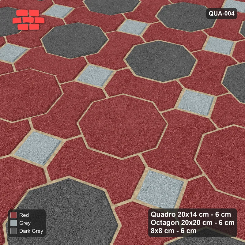 Interlock (Pasco) 20x14 cm · QUA-004 · Quadro-Octagon-8x8 grid, feature octagon band, 22 deg (Urban Brick), no kerb · Side view Interlock (Pasco) 20x14 cm · QUA-004 · Quadro-Octagon-8x8 grid, feature octagon band, 22 deg (Urban Brick), no kerb · Side view