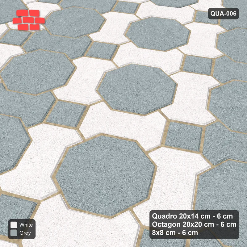 Interlock (Pasco) 20x14 cm · QUA-006 · Quadro-Octagon-8x8 grid, alternating Quadro files, 30 deg (Salt & Pepper), Kerb 54H kerb · Side view Interlock (Pasco) 20x14 cm · QUA-006 · Quadro-Octagon-8x8 grid, alternating Quadro files, 30 deg (Salt & Pepper), Kerb 54H kerb · Side view