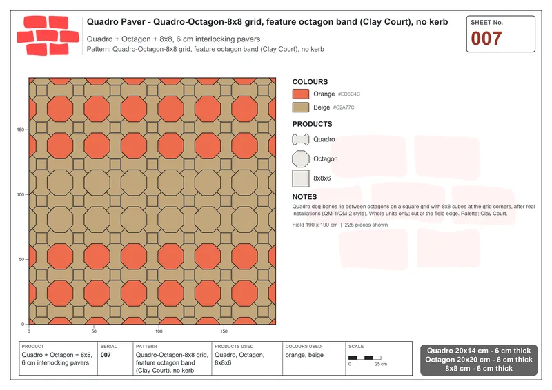 Interlock (Pasco) 20x14 cm · QUA-007 · Quadro-Octagon-8x8 grid, feature octagon band (Clay Court), no kerb · Laying plan