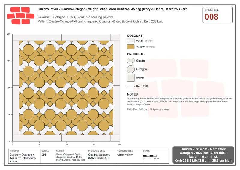 Interlock (Pasco) 20x14 cm · QUA-008 · Quadro-Octagon-8x8 grid, chequered Quadros, 45 deg (Ivory & Ochre), Kerb 25B kerb · Laying plan