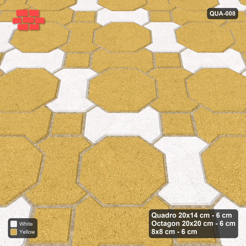 Interlock (Pasco) 20x14 cm · QUA-008 · Quadro-Octagon-8x8 grid, chequered Quadros, 45 deg (Ivory & Ochre), Kerb 25B kerb · Side view Interlock (Pasco) 20x14 cm · QUA-008 · Quadro-Octagon-8x8 grid, chequered Quadros, 45 deg (Ivory & Ochre), Kerb 25B kerb · Side view