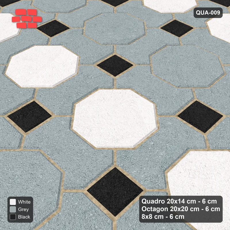 Interlock (Pasco) 20x14 cm · QUA-009 · Quadro-Octagon-8x8 grid, striped octagon rows (Tuxedo), Kerb 54H kerb · Side view Interlock (Pasco) 20x14 cm · QUA-009 · Quadro-Octagon-8x8 grid, striped octagon rows (Tuxedo), Kerb 54H kerb · Side view