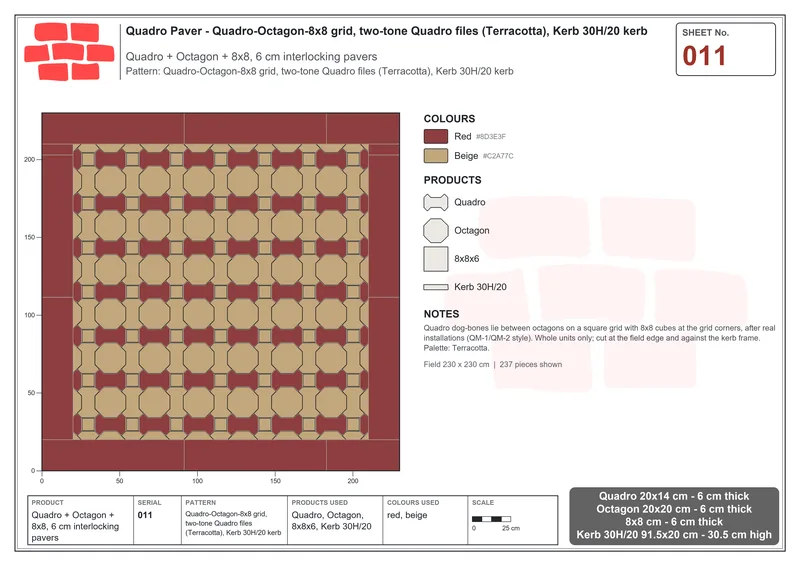 Interlock (Pasco) 20x14 cm · QUA-011 · Quadro-Octagon-8x8 grid, two-tone Quadro files (Terracotta), Kerb 30H/20 kerb · Laying plan
