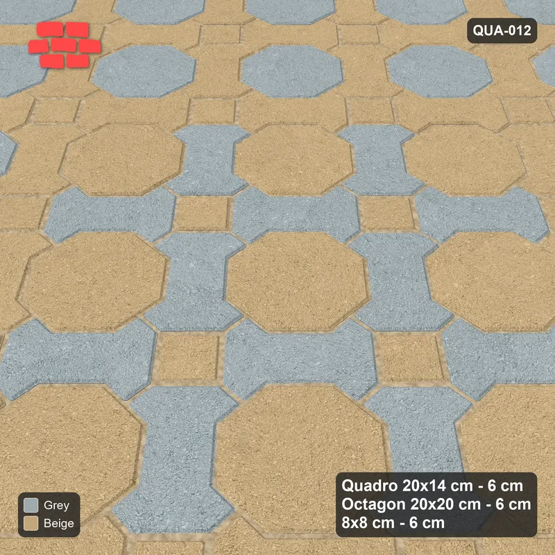 Interlock (Pasco) 20x14 cm · QUA-012 · Quadro-Octagon-8x8 grid, centre medallion, 45 deg (Warm Grey), no kerb · Side view Interlock (Pasco) 20x14 cm · QUA-012 · Quadro-Octagon-8x8 grid, centre medallion, 45 deg (Warm Grey), no kerb · Side view