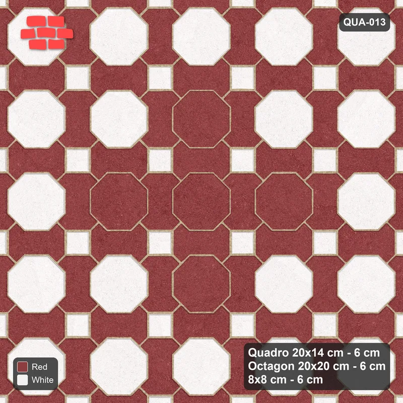 Interlock (Pasco) 20x14 cm · QUA-013 · Quadro-Octagon-8x8 grid, diamond octagon feature (Burgundy & Ivory), Kerb 30F kerb · Top view Interlock (Pasco) 20x14 cm · QUA-013 · Quadro-Octagon-8x8 grid, diamond octagon feature (Burgundy & Ivory), Kerb 30F kerb · Top view