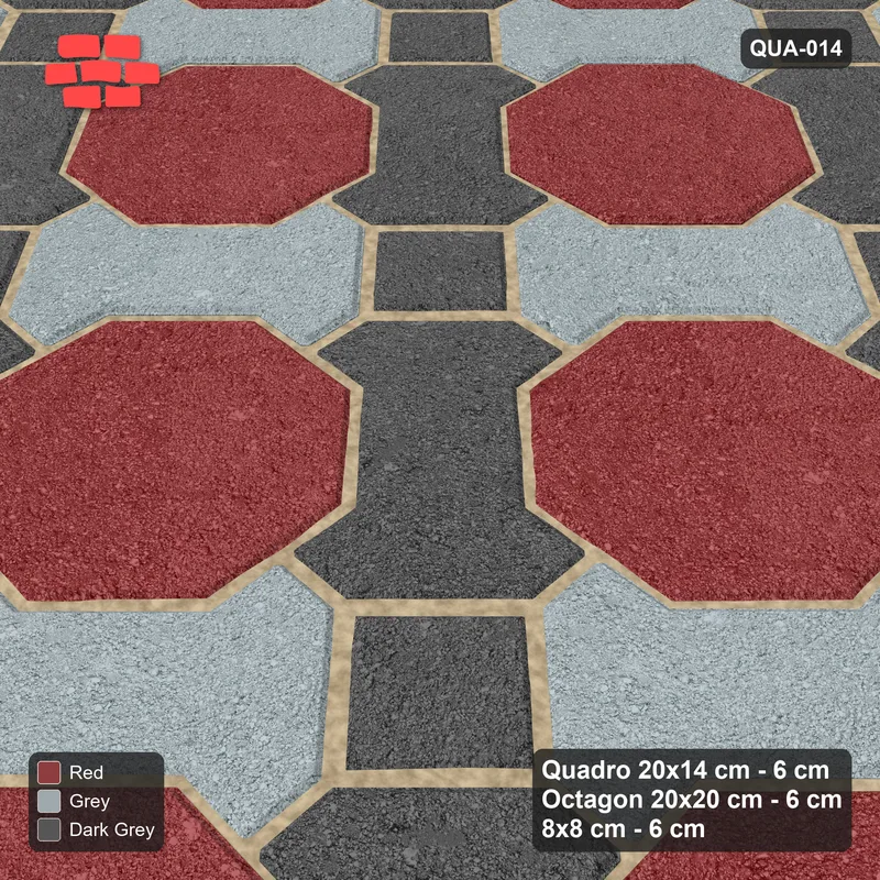 Interlock (Pasco) 20x14 cm · QUA-014 · Quadro-Octagon-8x8 grid, two-tone Quadro files, 45 deg (Urban Brick), Kerb 30H/20 kerb · Side view Interlock (Pasco) 20x14 cm · QUA-014 · Quadro-Octagon-8x8 grid, two-tone Quadro files, 45 deg (Urban Brick), Kerb 30H/20 kerb · Side view