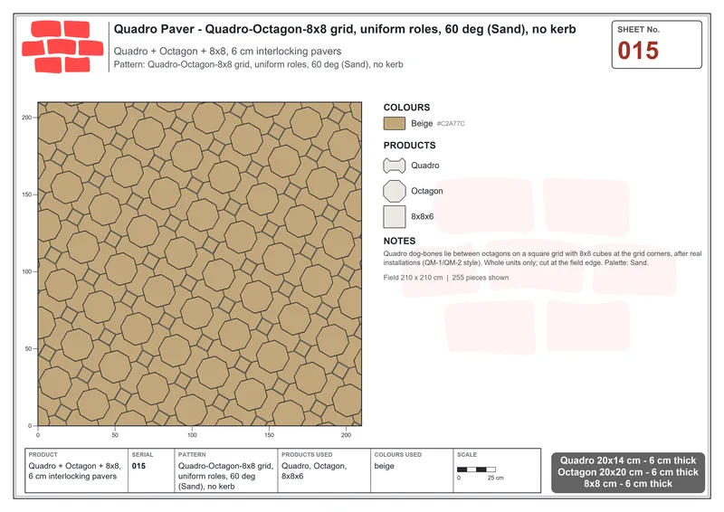 Interlock (Pasco) 20x14 cm · QUA-015 · Quadro-Octagon-8x8 grid, uniform roles, 60 deg (Sand), no kerb · Laying plan