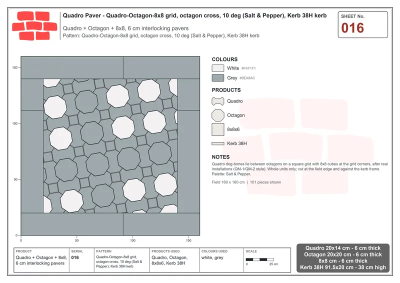 Interlock (Pasco) 20x14 cm · QUA-016 · Quadro-Octagon-8x8 grid, octagon cross, 10 deg (Salt & Pepper), Kerb 38H kerb · Laying plan