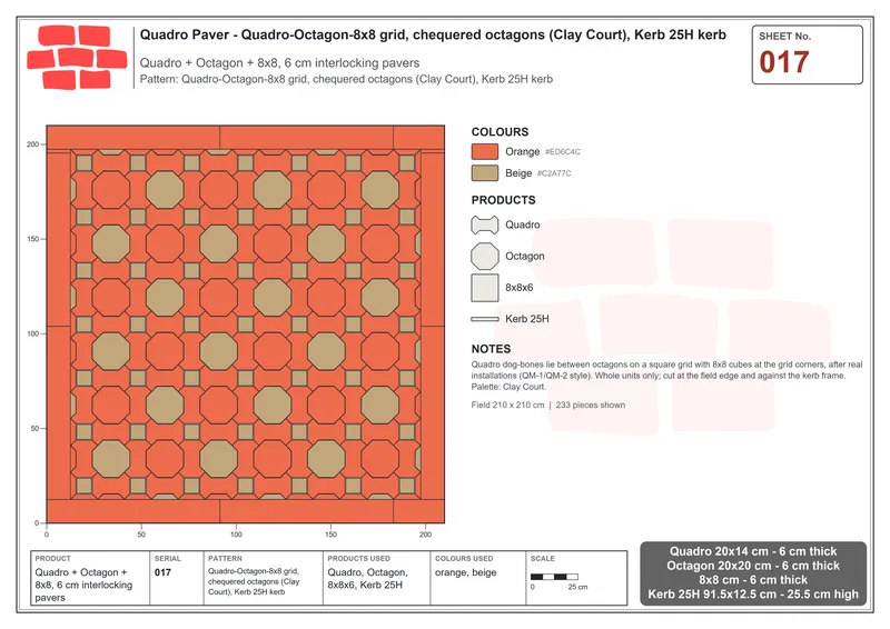 Interlock (Pasco) 20x14 cm · QUA-017 · Quadro-Octagon-8x8 grid, chequered octagons (Clay Court), Kerb 25H kerb · Laying plan