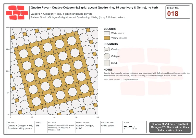 Interlock (Pasco) 20x14 cm · QUA-018 · Quadro-Octagon-8x8 grid, accent Quadro ring, 15 deg (Ivory & Ochre), no kerb · Laying plan