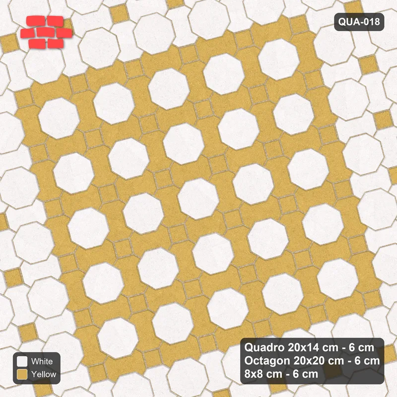 Interlock (Pasco) 20x14 cm · QUA-018 · Quadro-Octagon-8x8 grid, accent Quadro ring, 15 deg (Ivory & Ochre), no kerb · Top view Interlock (Pasco) 20x14 cm · QUA-018 · Quadro-Octagon-8x8 grid, accent Quadro ring, 15 deg (Ivory & Ochre), no kerb · Top view